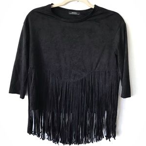 Bershka Black Suede Fringe Short Sleeve Top